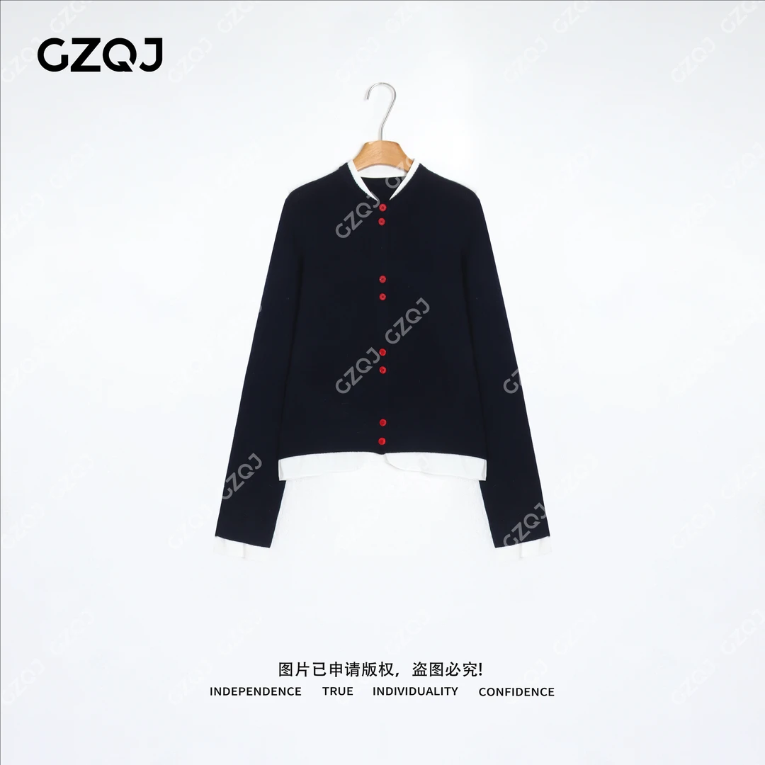 老琴私服【墨蓝校笺】琥珀流光风100羊毛圆领假两件针织开衫女 0792