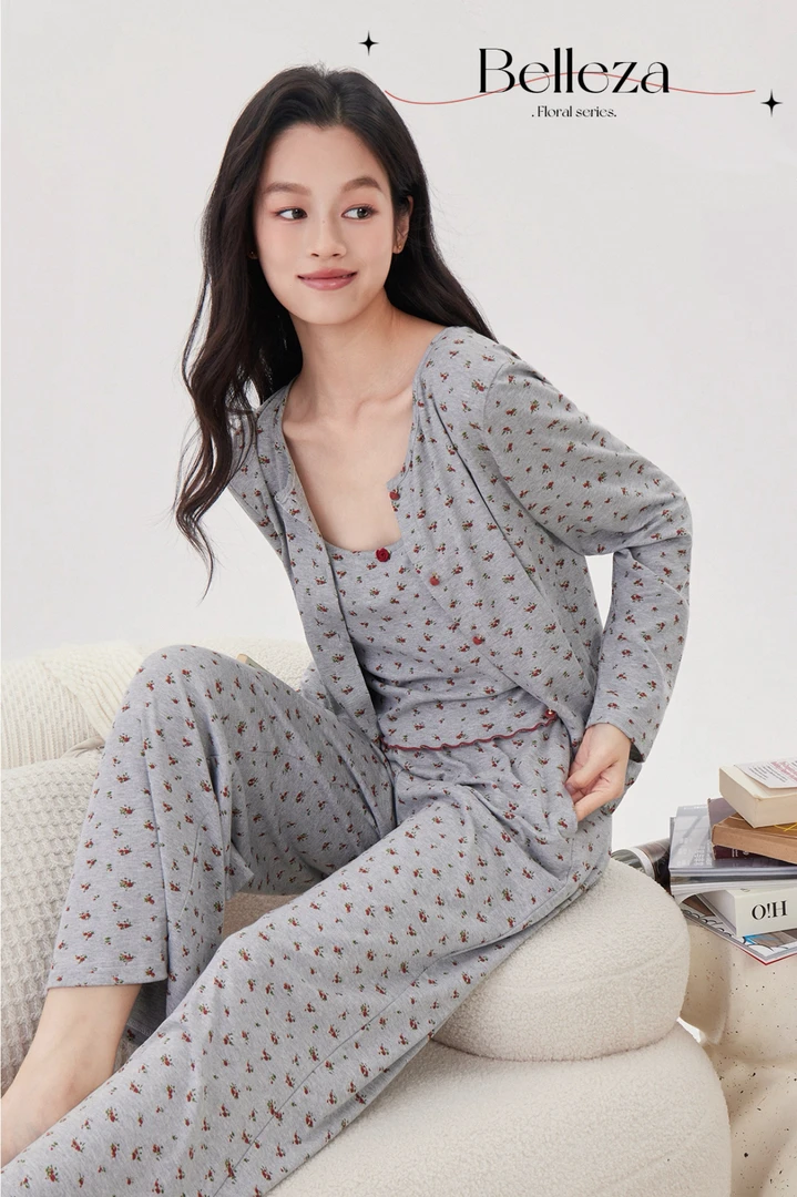 贝蕾丝【灰色满身碎花三件套】25年吊带杯垫长袖长裤女睡衣家居服