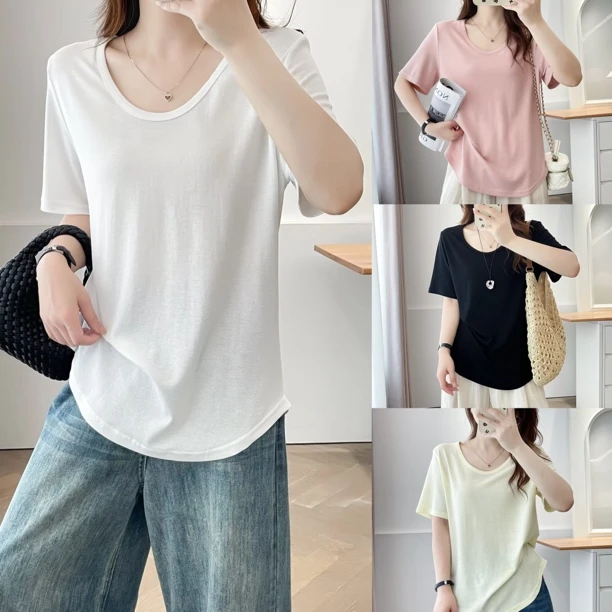 胖MM柔软空气天丝U领凉凉t恤 垂顺显瘦夏季女白色正肩短袖