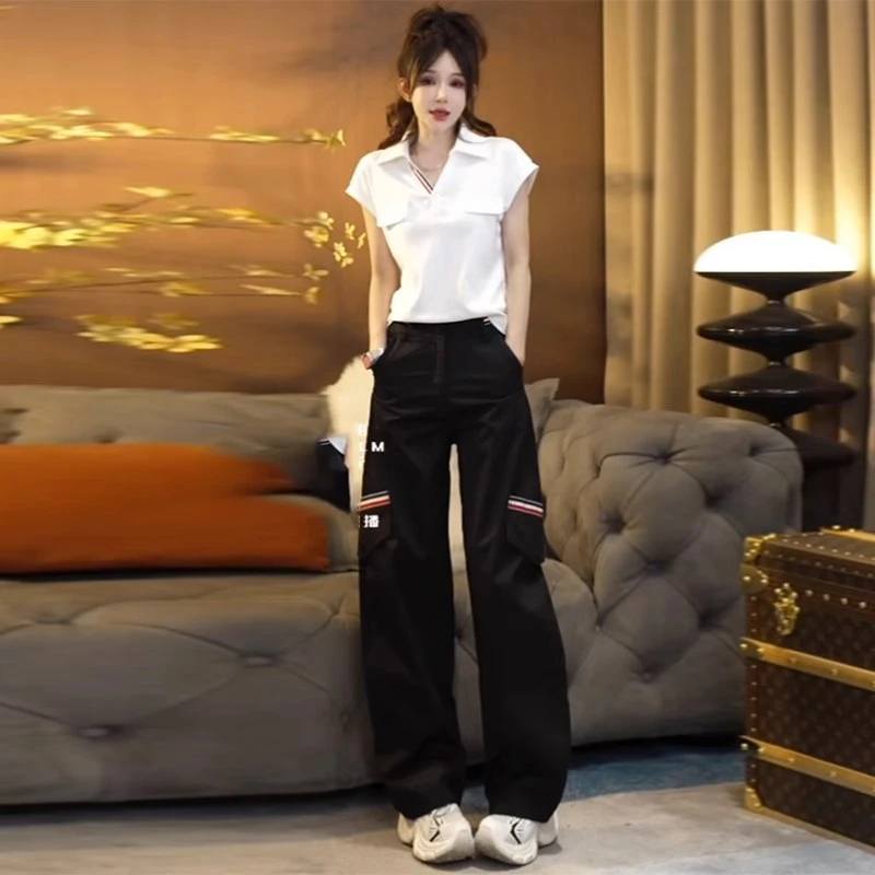 时尚休闲套装女2025夏季新款洋气显瘦短袖POLO衫T恤阔腿裤两件套