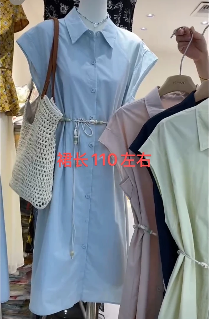 俪米7027夏季新款宽松休闲翻领短袖连衣裙