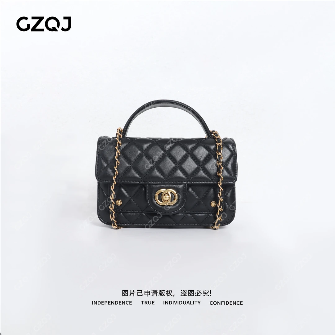 老琴私服【黑金邮差包】时尚小羊皮单肩手提两用菱格包包8180