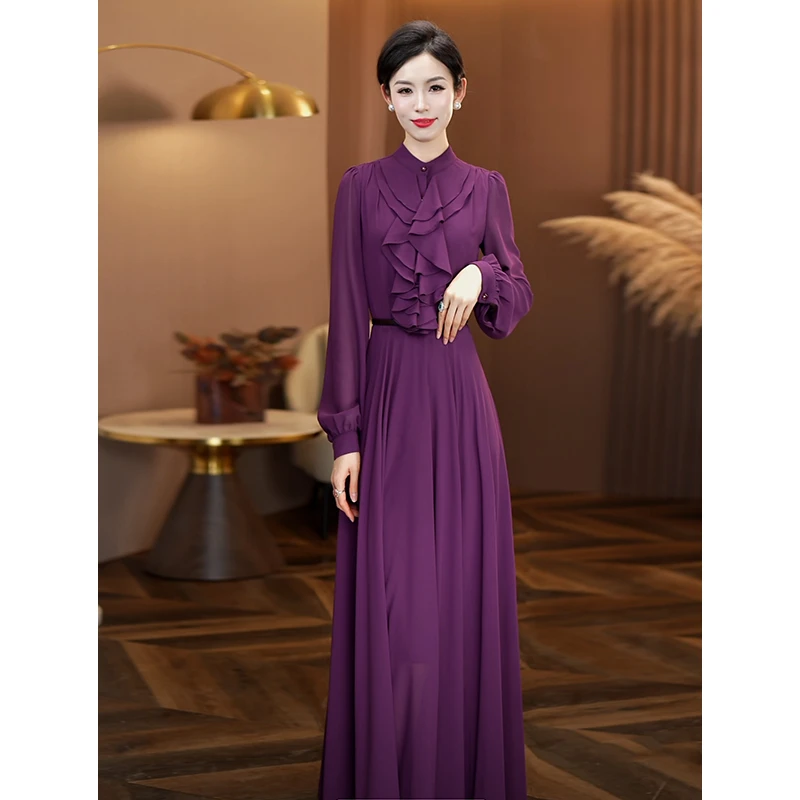 2025初春新款连衣裙女大摆优雅气质紫色长裙高级感长款过膝裙子