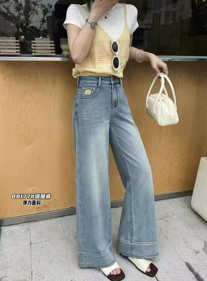 时尚显瘦牛仔直筒裤百搭休闲蓝色设计感气质牛仔裤