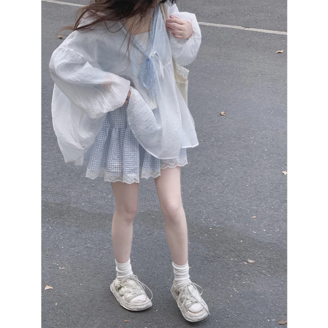 【WASEI水冰冰】蓝色温柔风针织开衫配格纹蛋糕短裙娃娃罩衫套装