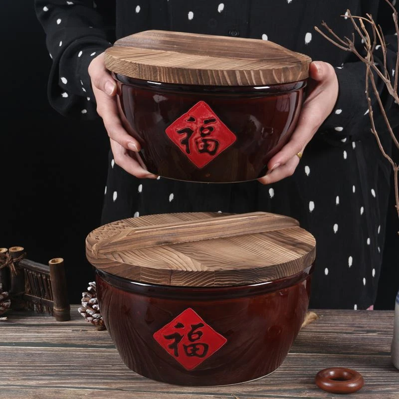 陶瓷福字缸大号汤碗特色农家乐餐具创意猪油容器耐高温带盖和面盆