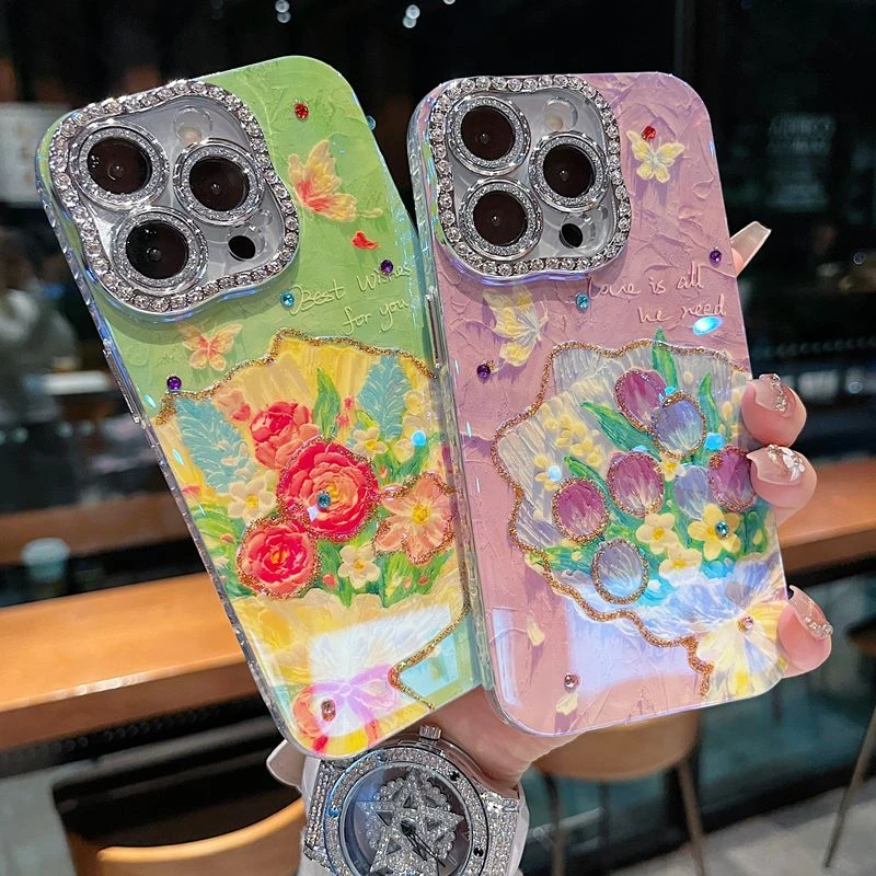 适用苹果系列iPhone16新款手机壳优雅玫瑰花束扭钻镜框闪钻镜头膜