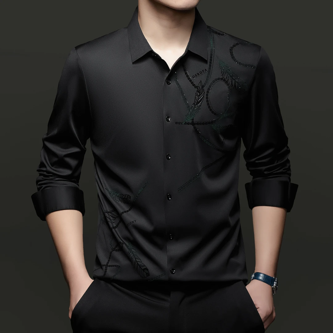 新款秋季高档商务休闲高档轻奢男士长袖衬衫弹力植绒提花衬衣翻领