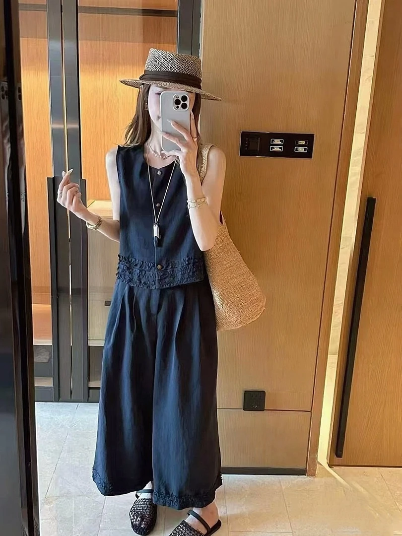 9909时尚穿搭蕾丝拼接麻料背心阔腿裤夏季新款套装气质显瘦减龄