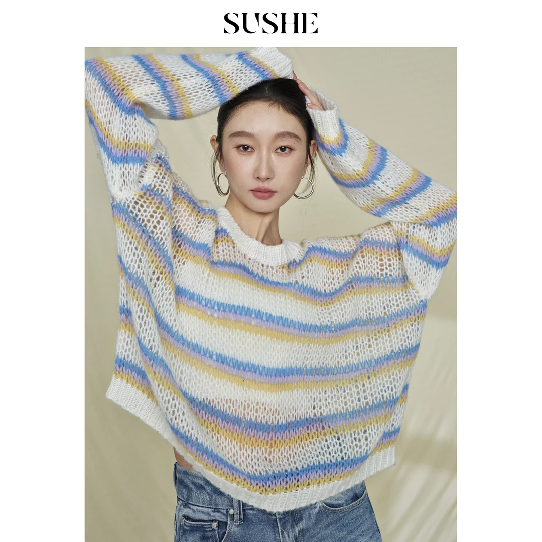 束皙SUSHE 霓世 浪漫主义 马海毛羊毛撞色条纹镂空宽松针织衫女