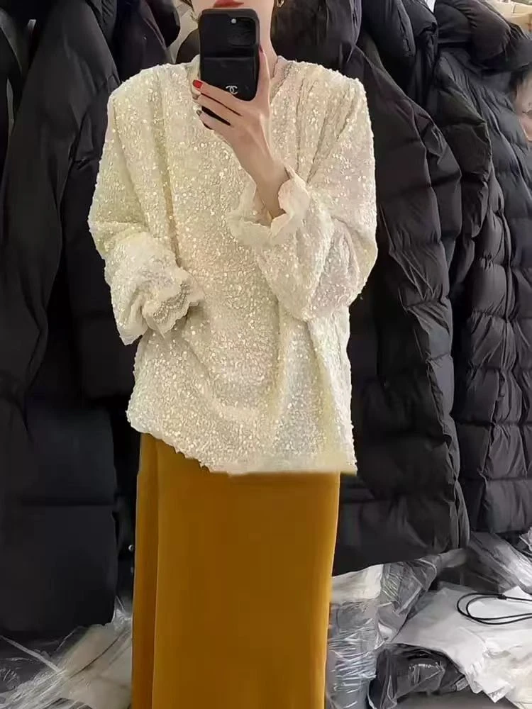 冬季新款亮片v领拼接蕾丝1062