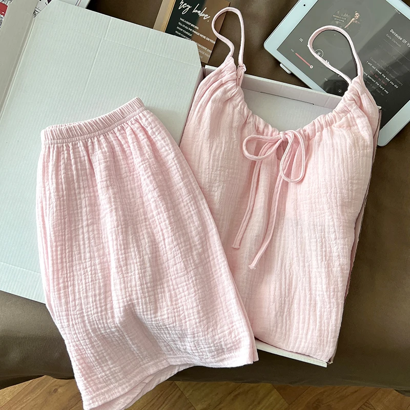 带胸垫吊带睡衣女款夏季2025新款网红风少女粉色云朵棉夏天家居服