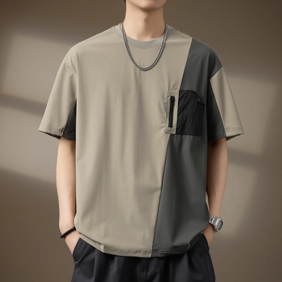 Cebrodz高端冰丝凉感速干T恤男夏季潮牌美式运动撞色拼接宽松短袖