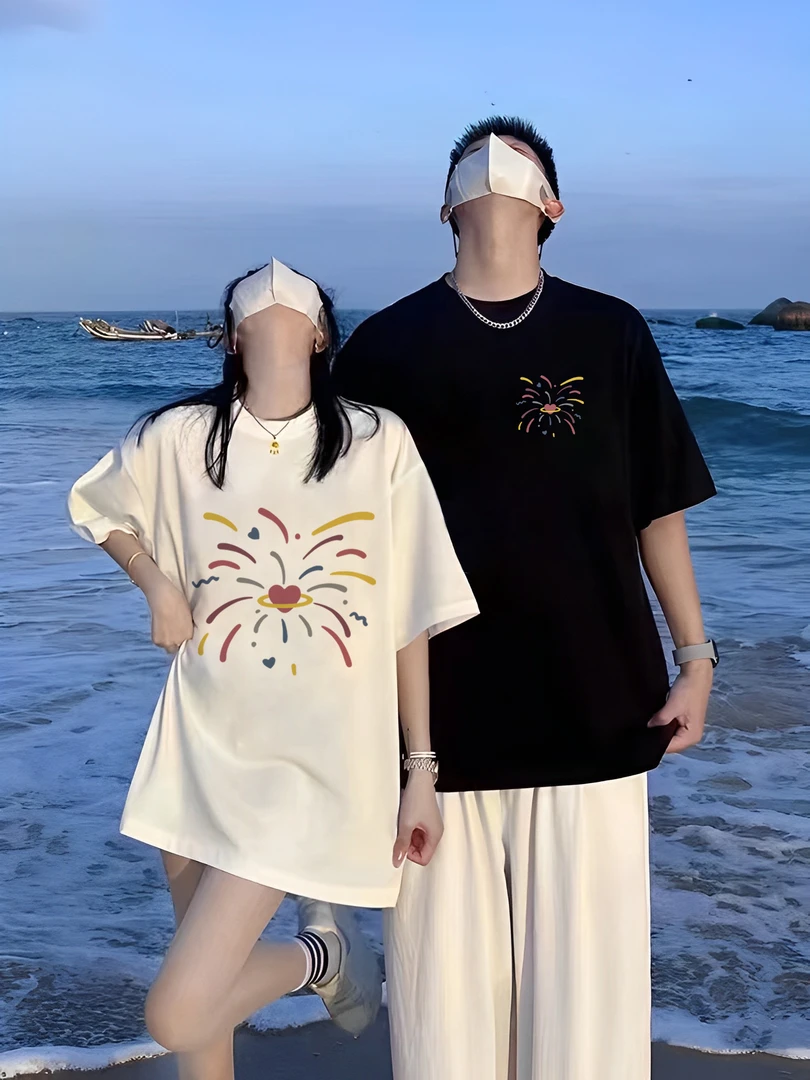 【两件装】情侣装T恤280克重磅纯棉设计感百搭圆领网红款印花短袖