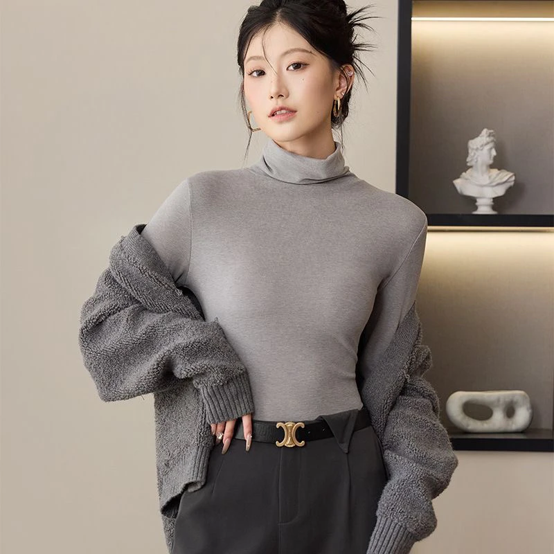 百搭常规纯色半高领桑蚕丝修身不紧身型内搭女士T恤长袖