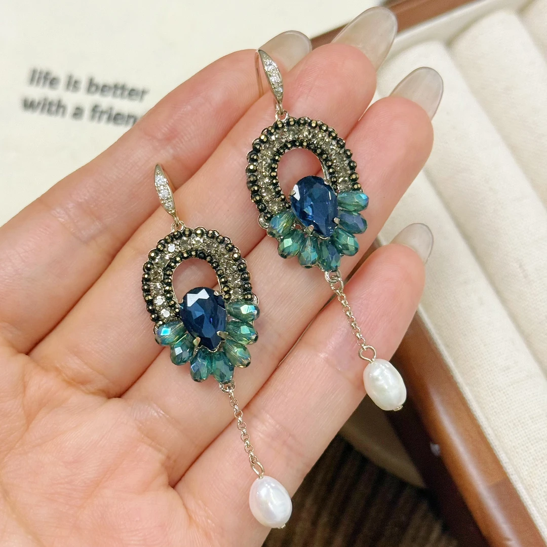 铜合金耳饰 A125 法式浪漫温柔复古蓝色简约时尚小众花朵气质轻奢