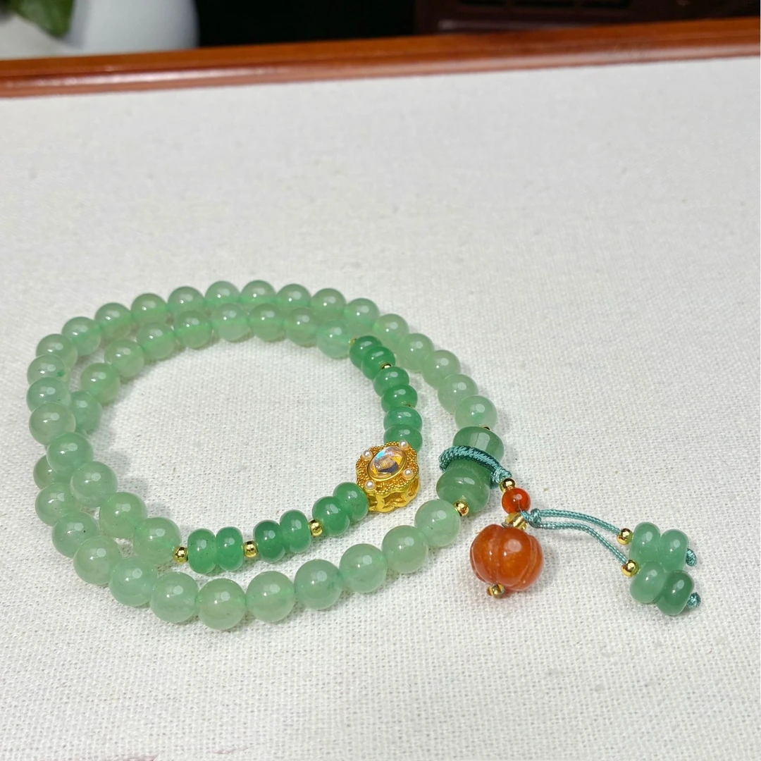 天然东陵玉翡翠色双圈叠戴手链手串+金丝玉南瓜设计款F999