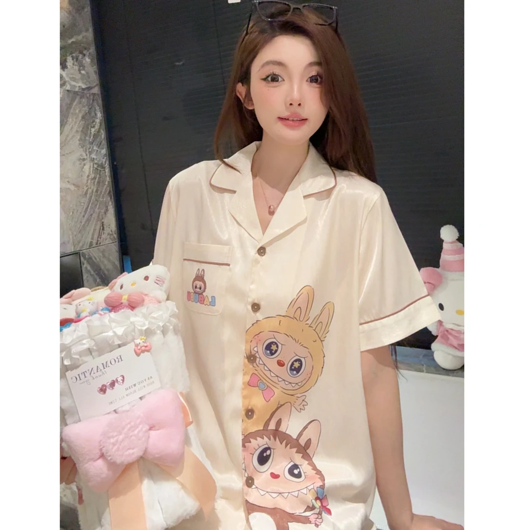 【首领labubu】睡衣女夏季新款人字斜纹冰丝家居服套装可外穿