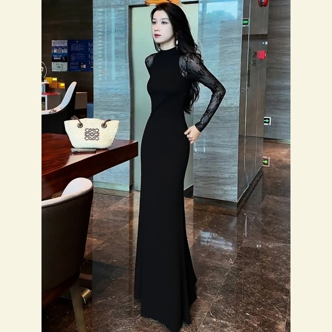 秋冬贵气感御姐长裙名媛气质女神范特别漂亮掐腰黑色蕾丝连衣裙女