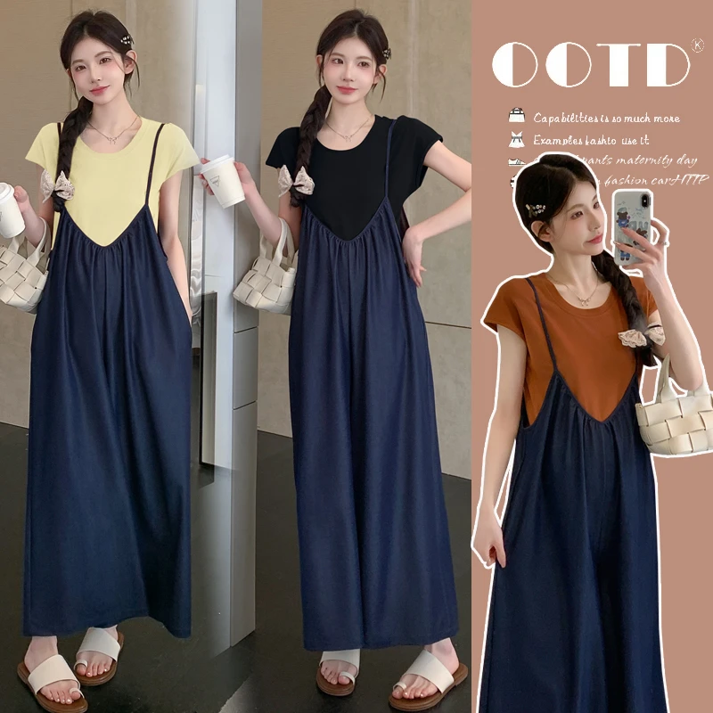 孕妇夏装牛仔超薄大码宽松阔腿背带裤