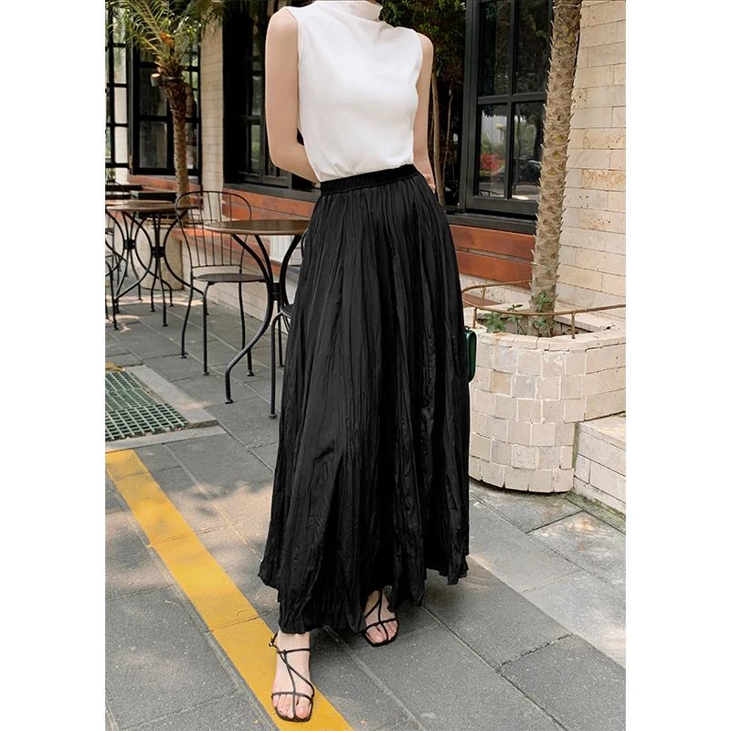 【品质欧货】设计感黑色松紧腰百褶半身裙女2024春季新款高腰显瘦