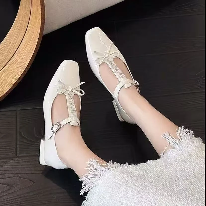 C5552  米色 法式仙女方头单鞋女2025蝴蝶结水钻配裙子玛丽珍鞋子
