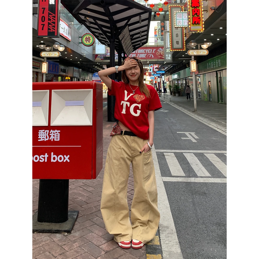 木子羊 25夏季美式爱心字母印花短款正肩短袖T恤女宽松百搭打底衫