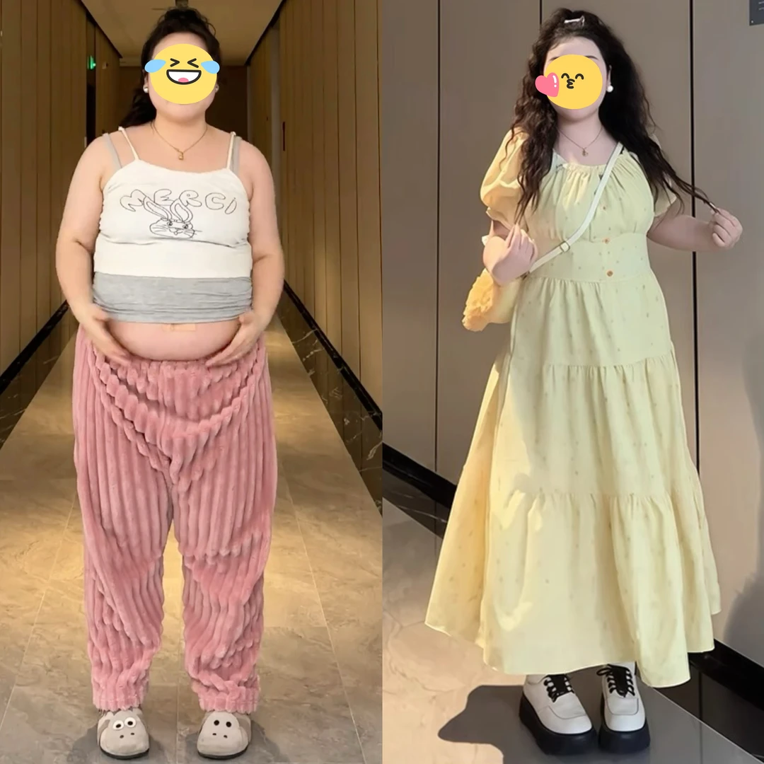 大码女装法式波点方领泡泡袖连衣裙夏微胖mm显瘦收腰减龄公主裙