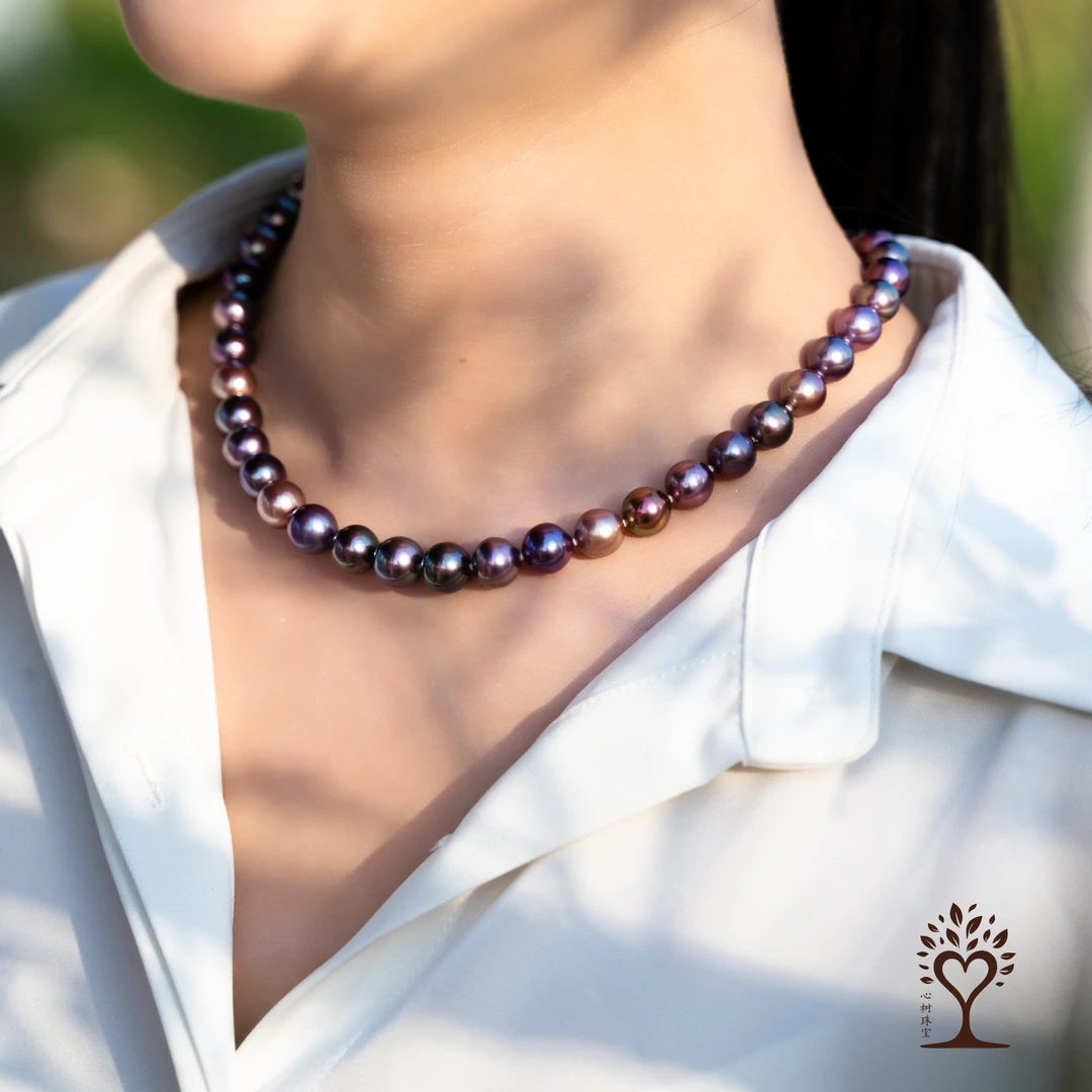 心树珠宝 s925银9-11mm紫珠混彩项链淡水珍珠 XSOR291 多样性发一