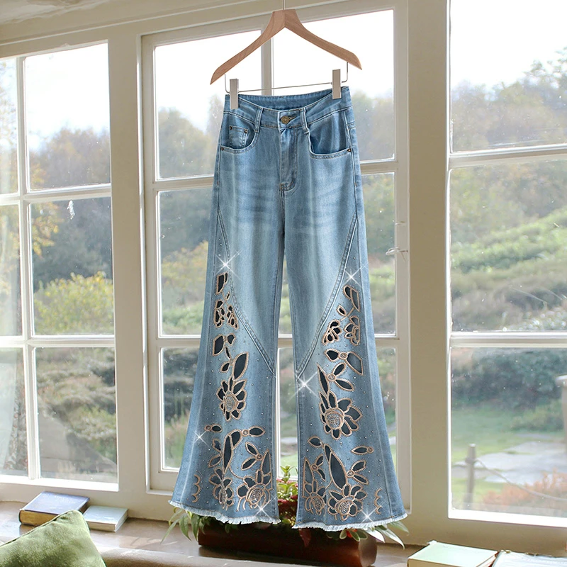 夏季薄款八九分微喇牛仔裤女烫钻绣花新款休闲高腰显瘦宽松裤9835