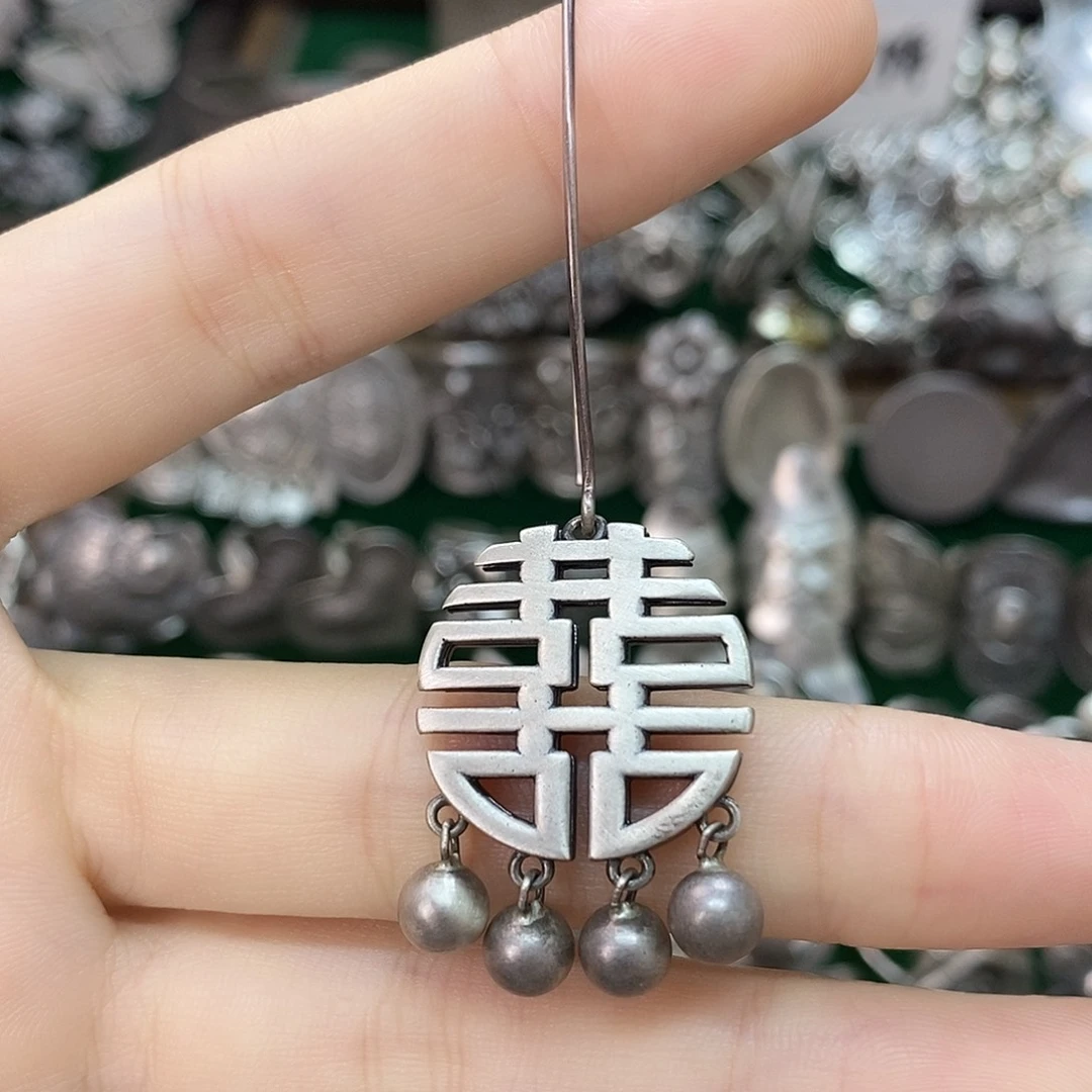 无合金999足银双喜耳钩一对