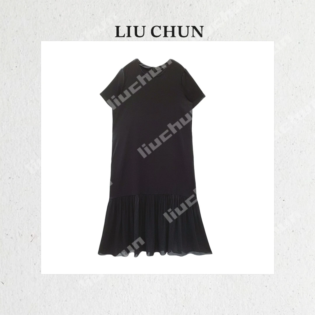 【拼接下摆小黑裙】CHUN家气质轻奢时尚夏季设计师桑蚕丝连衣裙