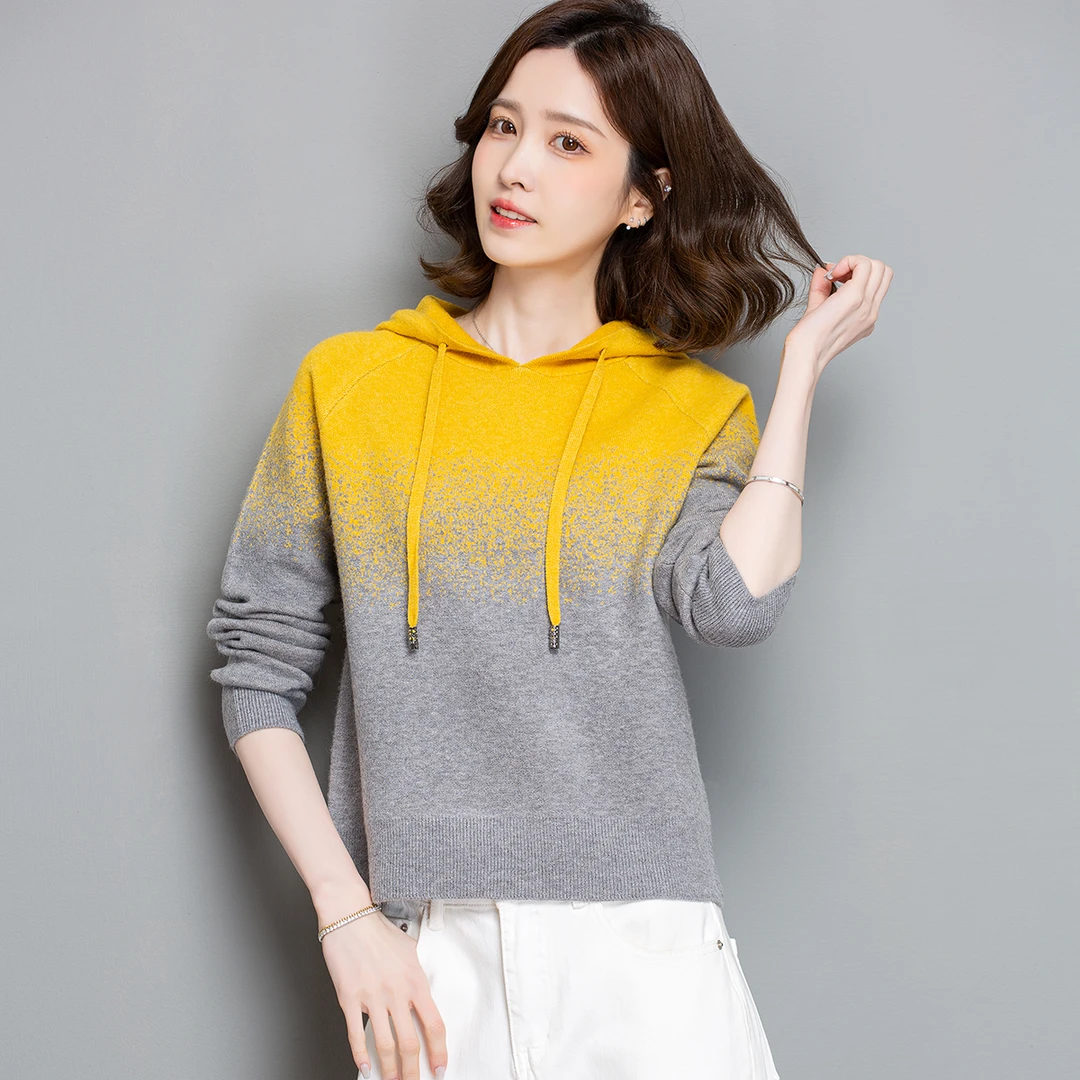 春季拼色长袖洋气针织衫时尚休闲连帽衫内搭打底帽衫女套头毛衣
