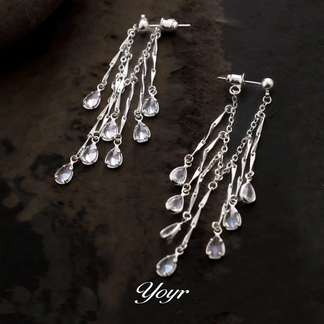 YOYR 黄铜耳饰 前后戴孔雀流苏耳环重工锆石镶嵌轻奢长款超仙耳钉