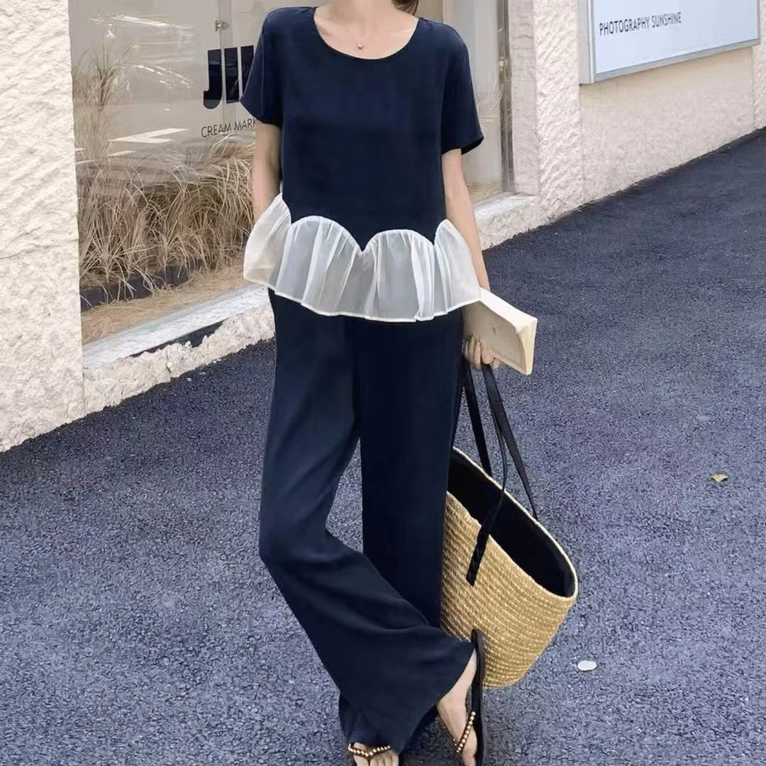 女装夏装套装2025新款爆款时尚韩版休闲纯色荷叶拼接显瘦两件套