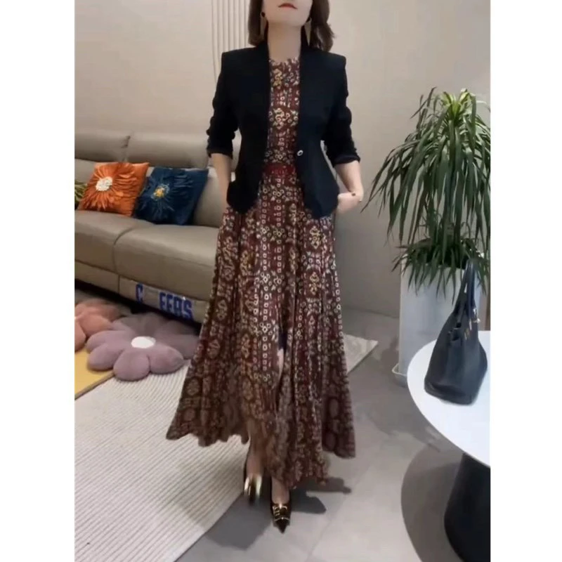 新款无袖长款连衣裙长袖西服外套