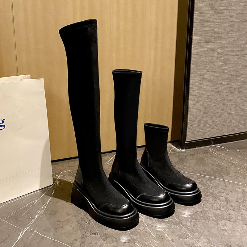 过膝靴女大筒围长筒靴长靴厚底高筒靴小个子弹力瘦瘦靴过膝弹力靴