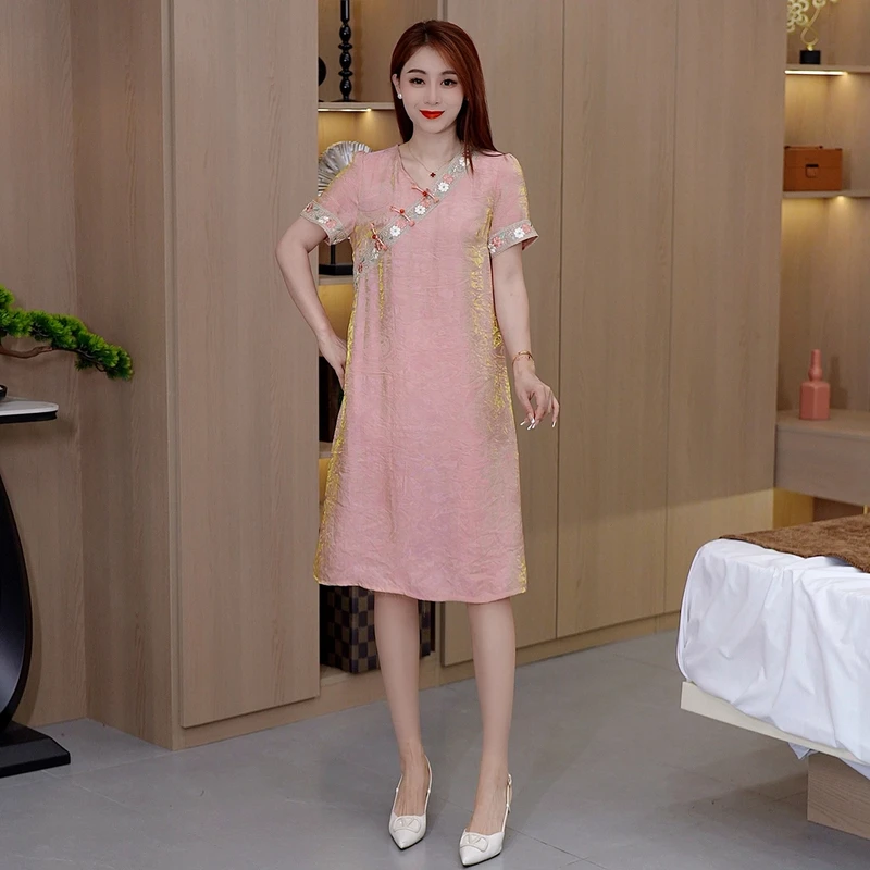 时尚中国风中腰夏季斜襟套头休闲连衣裙中长款夏装气质复古山系