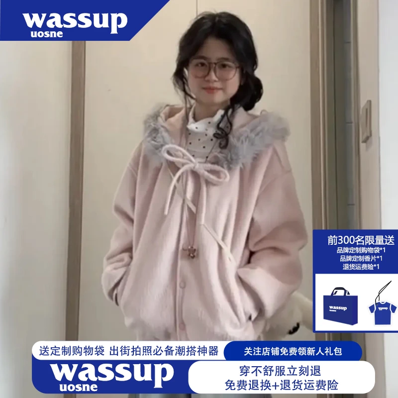 WASSUP UOSNE秋冬季甜美粉色蝴蝶结连帽毛领外套女秋冬季开衫上衣