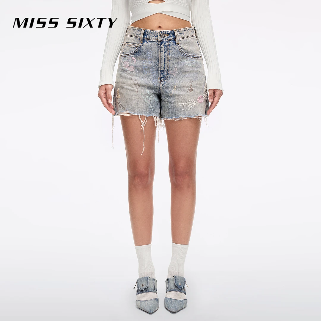 【天使系列】Miss Sixty2025夏季新款牛仔短裤女薄款复古毛须边