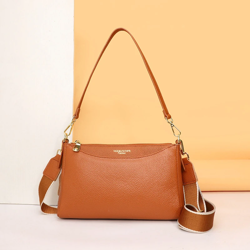 2025新款牛皮单肩斜挎包多隔层时尚百搭气质包包