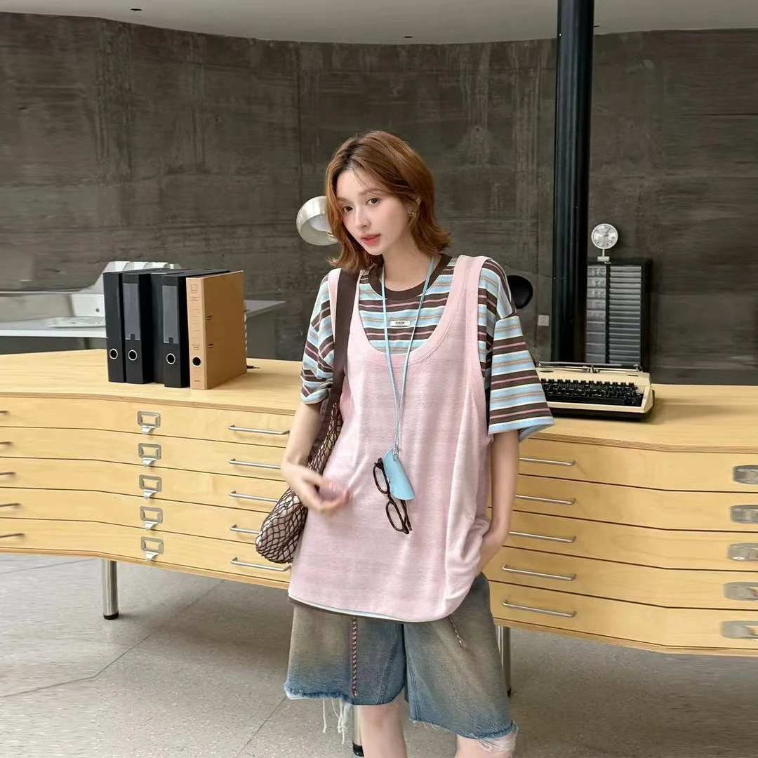 REREK/25春夏韩版百搭显瘦圆领短袖女条纹撞色柔软假两件T恤上衣