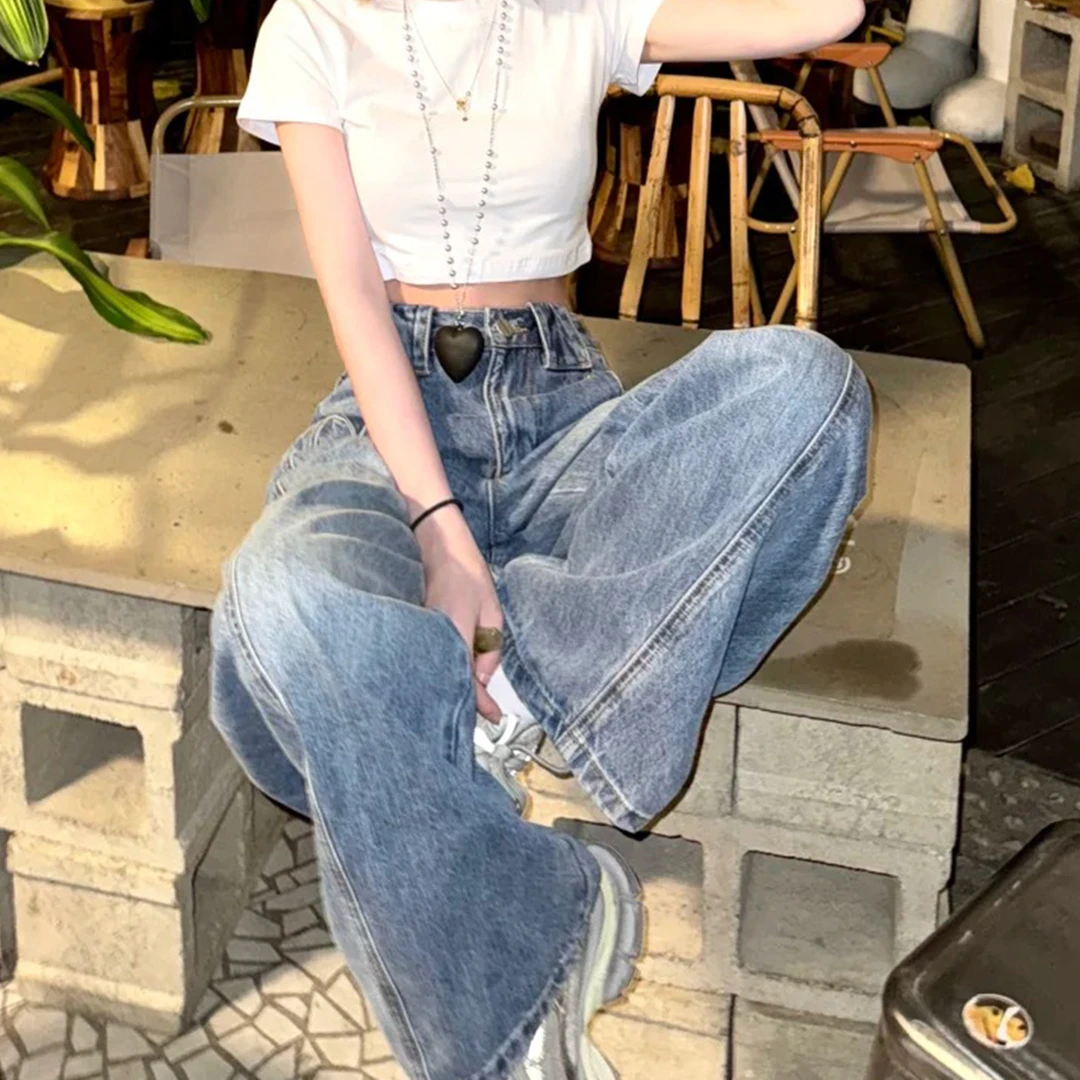 艾格浅蓝色宽松弯刀牛仔裤女夏季2025新款复古水洗慵懒阔腿拖地裤