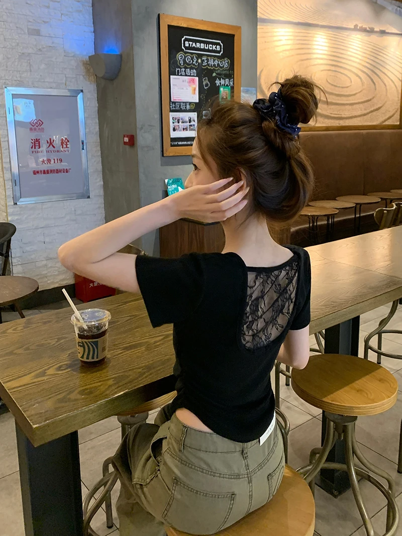 纯欲风性感蕾丝拼接短袖T恤女春夏季辣妹U领修身显瘦短款百搭上衣