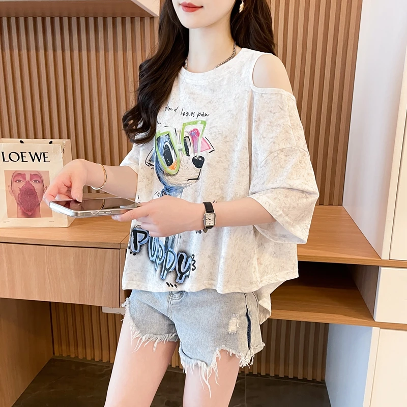 港风时尚百搭扎染短袖T恤女夏季韩版休闲设计感露肩显瘦半袖上衣