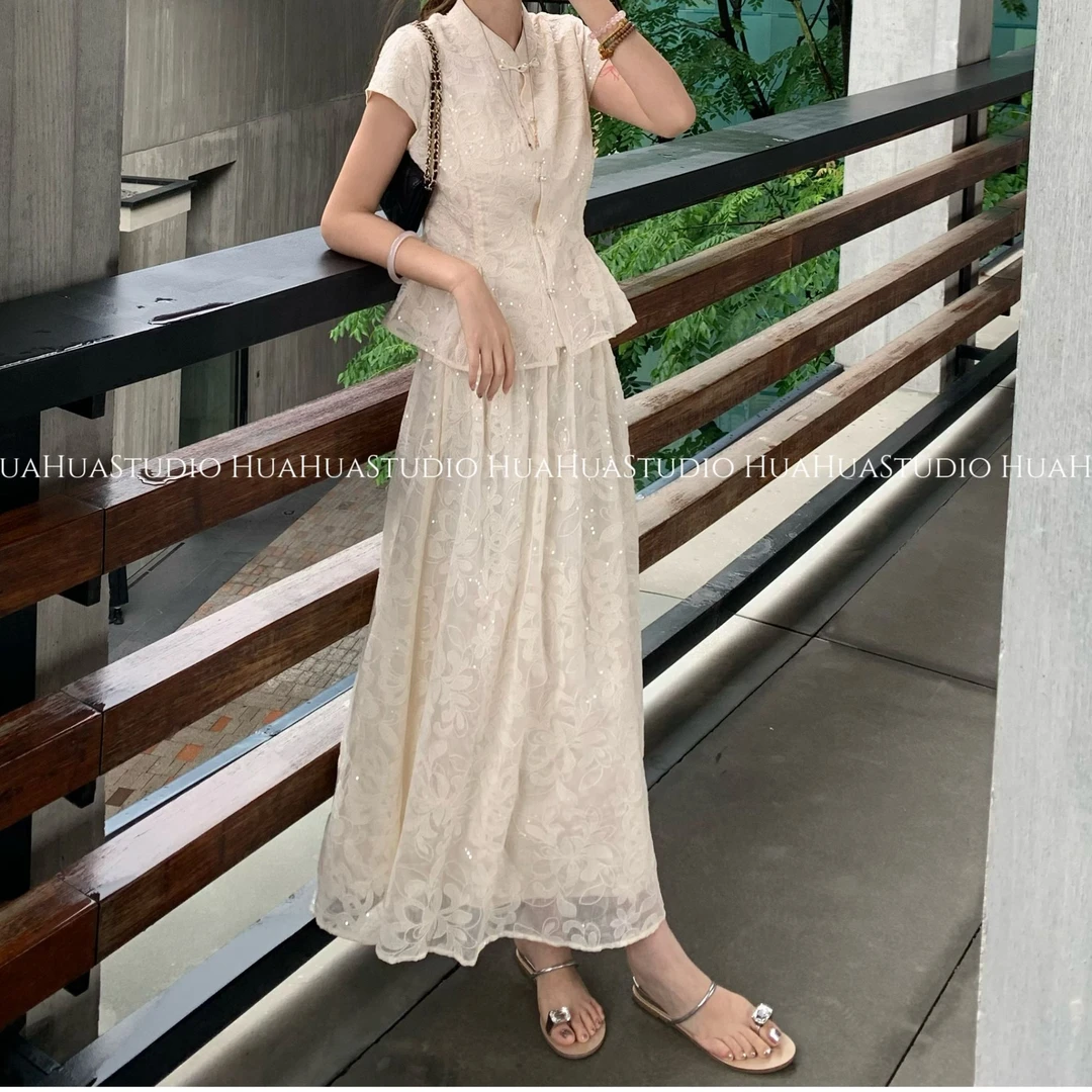 【花花】碎碎晶~重工显瘦刺绣亮片高腰A字伞裙半身裙