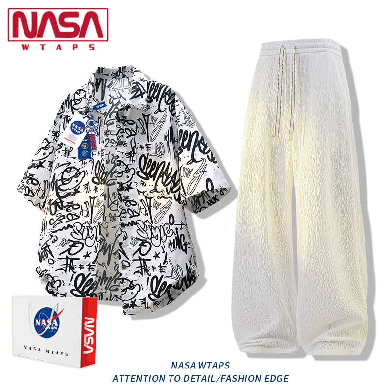 NASA WTAPS衬衫套装男夏季潮牌字母涂鸦休闲两件套轻奢高级感男装