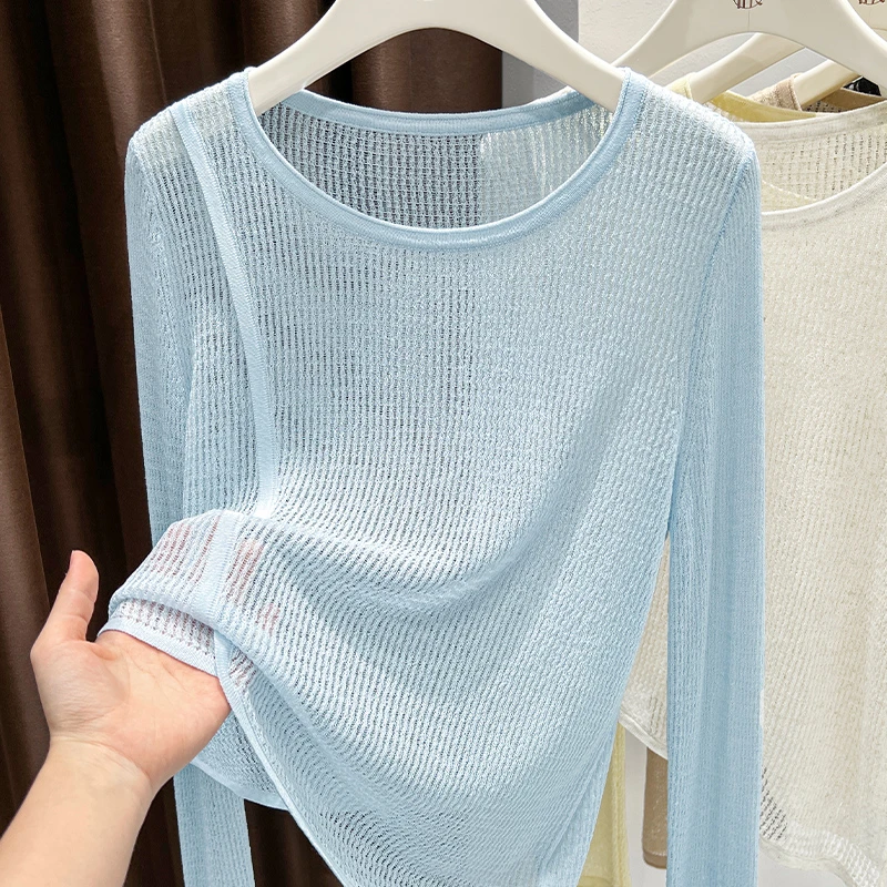 蓝色针织圆领镂空t恤夏季防晒罩衫设计感微透冰丝凉感宽松薄上衣