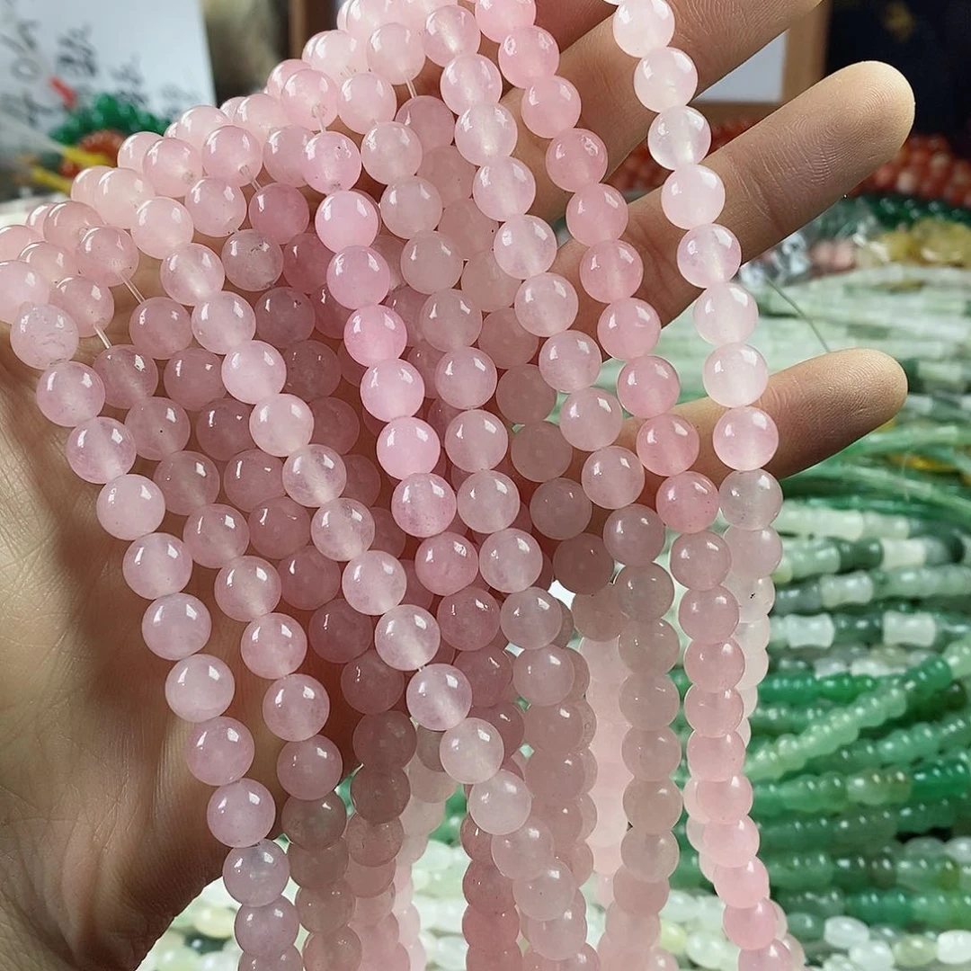 玛瑙/玉髓珠宝半成品合金一条8mm透体粉玉髓圆珠D368