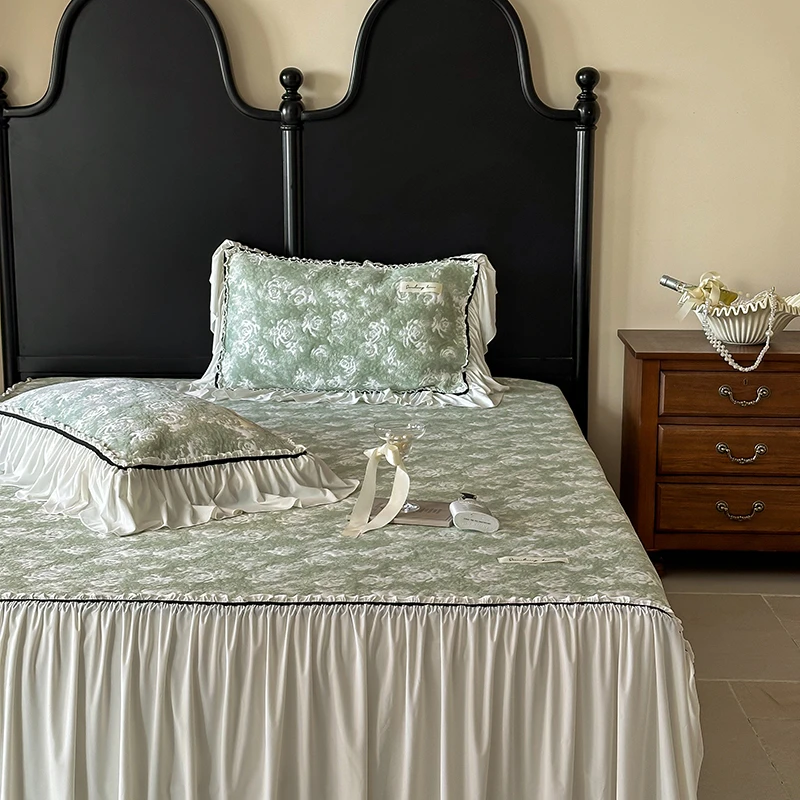 夏季凉感高分子冰丝凉席三件套复古风提花可水洗床裙款空调席绿色